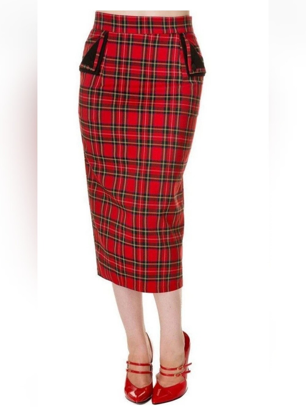 Banned Apparel Pencil Skirt Red Tartan Plaid with Pockets Large Rockabilly